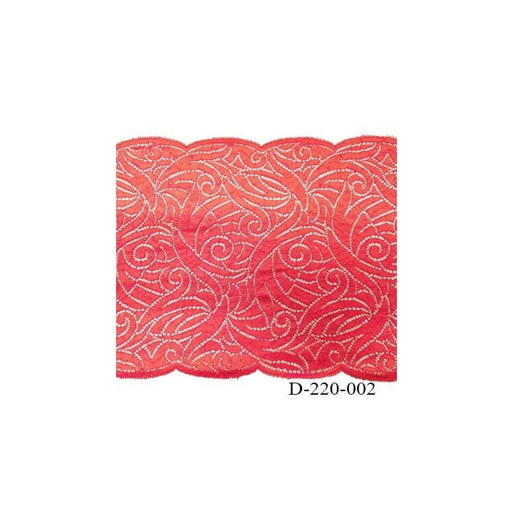 Dentelle 22 cm lycra brodé  très haut de gamme largeur 22 centimètres couleur rouge garance très belle prix au mètre
