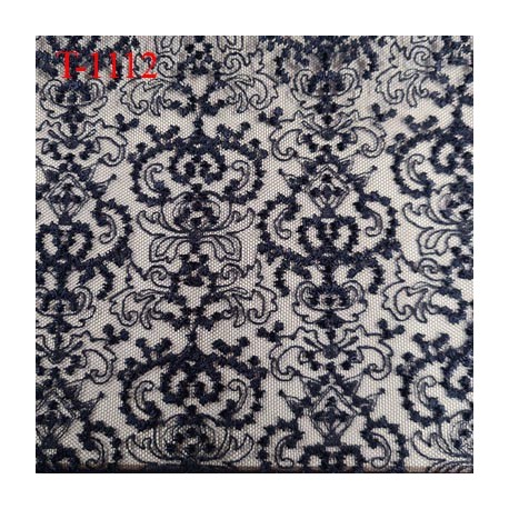 Tissu dentelle brodée couleur bleu marine sur tulle non extensible haut de gamme largeur 135 cm prix pour 10 cm de longueur