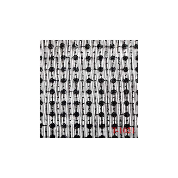 Tissu dentelle brodée noir sur tulle non extensible  haut de gamme largeur 135 cm prix pour 10 cm de long