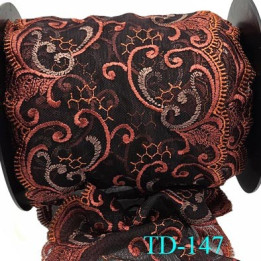 Dentelle broderie 14 cm haut de gamme extensible largeur 14 cm couleur marron et orange cuivré prix pour un mètre