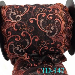 Dentelle broderie 14 cm haut de gamme extensible largeur 14 cm couleur marron et orange cuivré prix pour un mètre