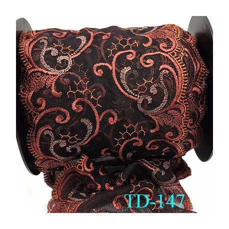 Dentelle broderie 14 cm haut de gamme extensible largeur 14 cm couleur marron et orange cuivré prix pour un mètre