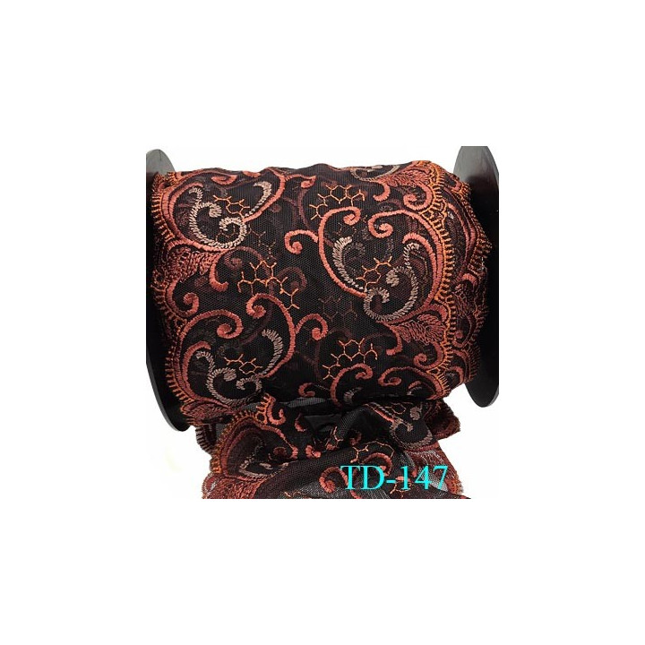 Dentelle broderie 14 cm haut de gamme extensible largeur 14 cm couleur marron et orange cuivré prix pour un mètre