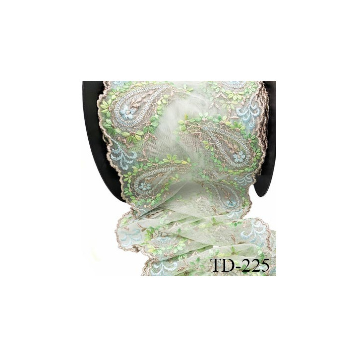 Dentelle brodée 15 cm haut de gamme couleur vert bleu et beige très belle largeur 15 cm prix pour un mètre