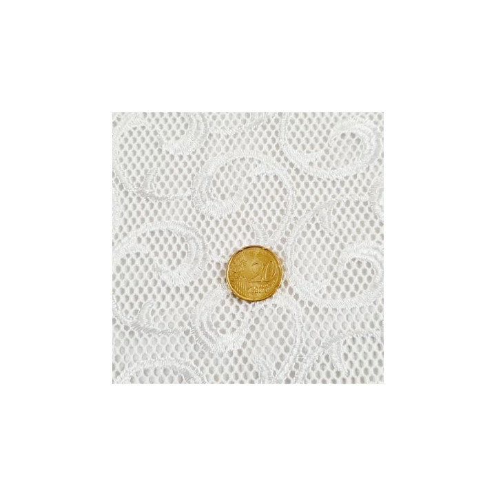 Dentelle brodé sur tulle non extensible blanc très haut gamme largeur 140 cm prix pour 10 cm de long et 140 cm de largeur