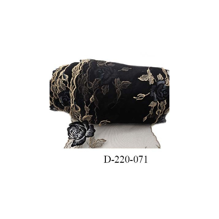 Dentelle 21 cm non extensible couleur noir taupe clair et bleu très haut de gamme 21 centimètres très belle prix au mètre