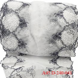 Dentelle 26 cm non extensible très haut de gamme largeur 26 cm couleur blanc et gris prix au mètre trop belle