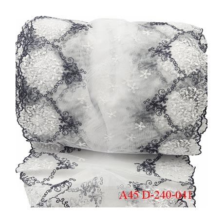 Dentelle 26 cm non extensible très haut de gamme largeur 26 cm couleur blanc et gris prix au mètre trop belle