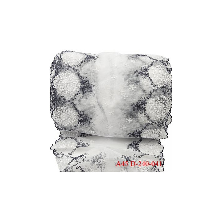 Dentelle 26 cm non extensible très haut de gamme largeur 26 cm couleur blanc et gris prix au mètre trop belle