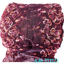 Dentelle brodée 23 cm haut de gamme couleur marron bordeaux orange largeur 23 cm prix pour un mètre