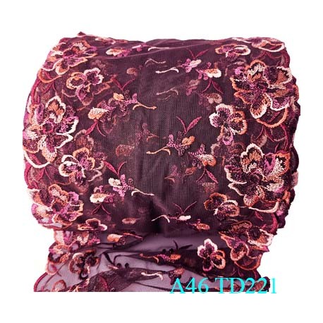 Dentelle brodée 23 cm haut de gamme couleur marron bordeaux orange largeur 23 cm prix pour un mètre