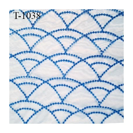 Dentelle brodée sur tulle couleur bleu haut de gamme largeur 140 cm prix pour 10 centimètres