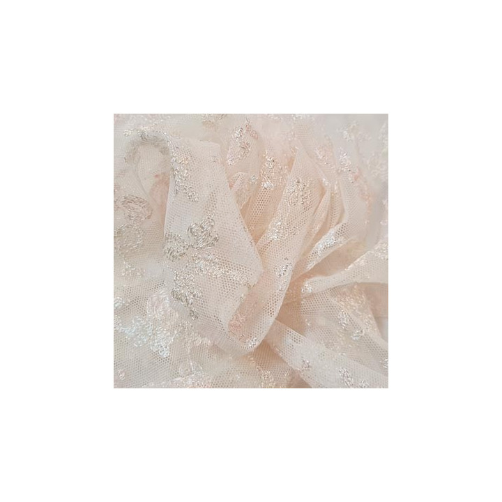 Dentelle brodée couleur rose  blanc et ocre clair sur tulle non extensible haut de gamme largeur 140 cm prix pour 10 cm de long