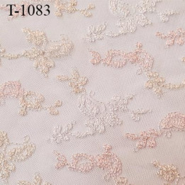 Dentelle brodée couleur rose  blanc et ocre clair sur tulle non extensible haut de gamme largeur 140 cm prix pour 10 cm de long