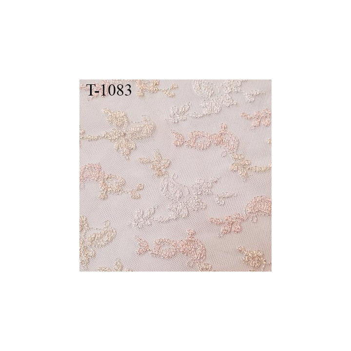 Dentelle brodée couleur rose  blanc et ocre clair sur tulle non extensible haut de gamme largeur 140 cm prix pour 10 cm de long