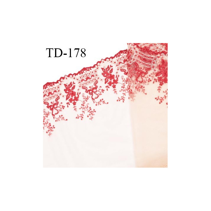 Dentelle brodée 22 cm haut de gamme broderies couleur rose sur tulle couleur chair rosé fabriqué en France prix pour un mètre