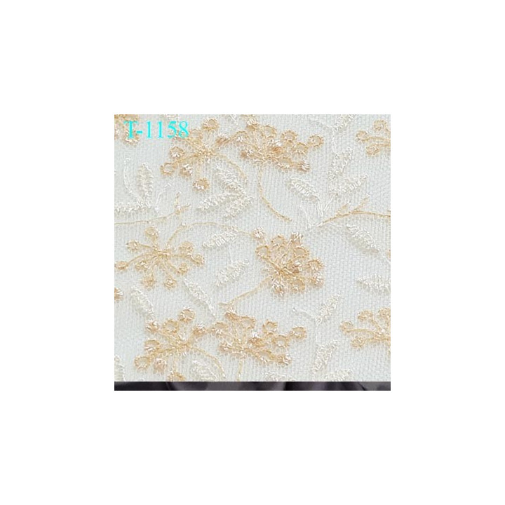 Dentelle brodé tulle non extensible  jaune doré et écru haut gamme largeur 135 cm prix pour 10 cm de long et 135 cm de largeur