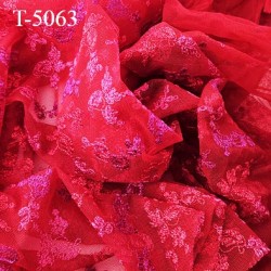 Tissu dentelle brodée couleur rouge et violet sur tulle très haut de gamme largeur 135 cm