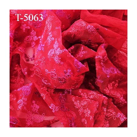 Tissu dentelle brodée couleur rouge et violet sur tulle très haut de gamme largeur 135 cm