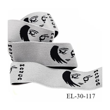 Elastique Manga 30 mm aspect velours spécial lingerie, sport très beau couleur gris clair et noir très doux prix au mètre