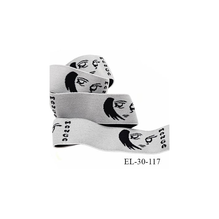 Elastique Manga 30 mm aspect velours spécial lingerie, sport très beau couleur gris clair et noir très doux prix au mètre