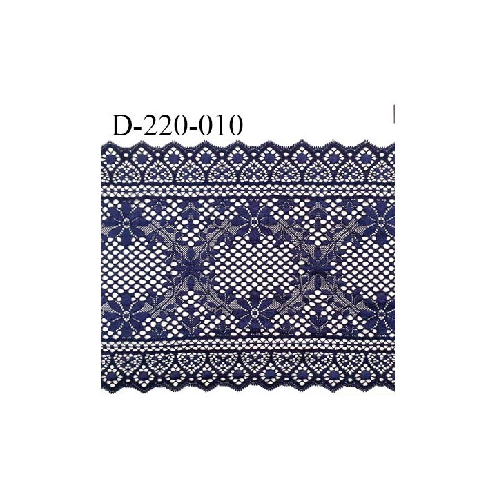 Dentelle 22 cm lycra brodée très haut de gamme largeur 22 centimètres couleur bleu nuit très belle prix au mètre