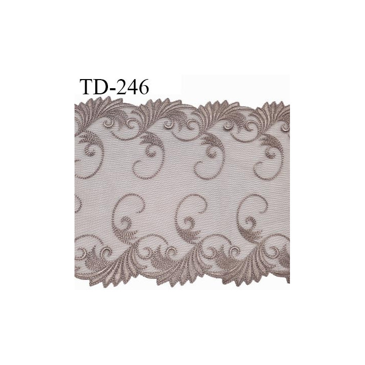 Dentelle 24 cm brodée sur tulle extensible couleur marron haut de gamme douce agréable au toucher largeur 24 cm prix pour 1 m