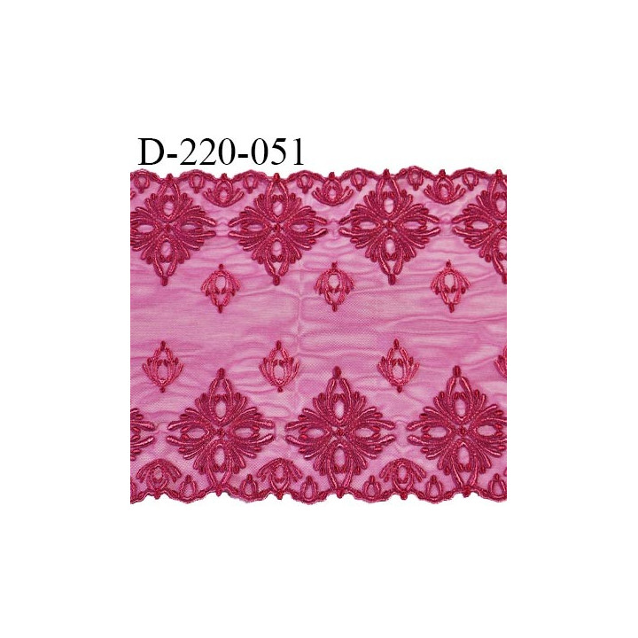 Dentelle 22 cm lycra brodée extensible très haut de gamme largeur 22 cm couleur rose fuchsia très belle prix au mètre