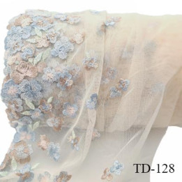 Tissu dentelle brodée 24 cm extensible haut de gamme couleur rose pâle avec fleurs brodées largeur 24 cm prix pour 1 mètre