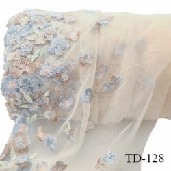 Tissu dentelle brodée 24 cm extensible haut de gamme couleur rose pâle avec fleurs brodées largeur 24 cm prix pour 1 mètre