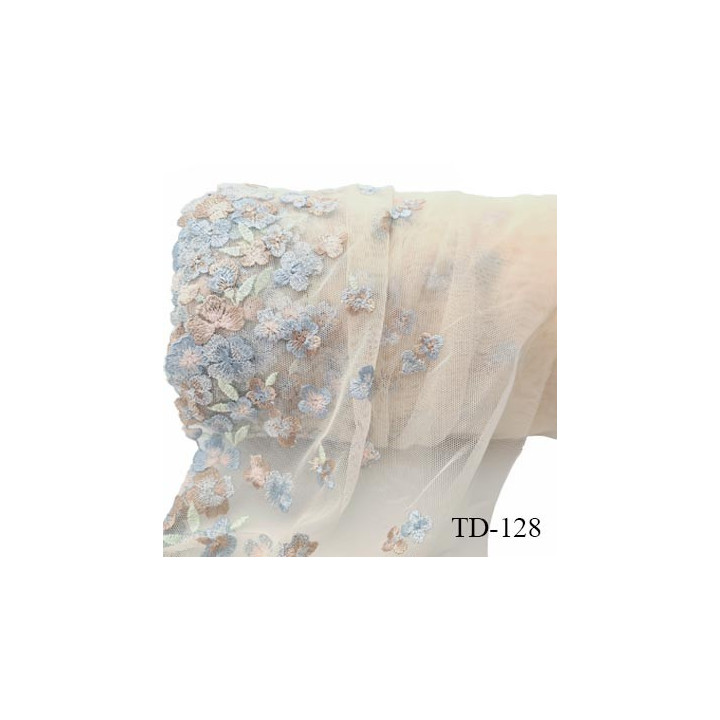 Tissu dentelle brodée 24 cm extensible haut de gamme couleur rose pâle avec fleurs brodées largeur 24 cm prix pour 1 mètre