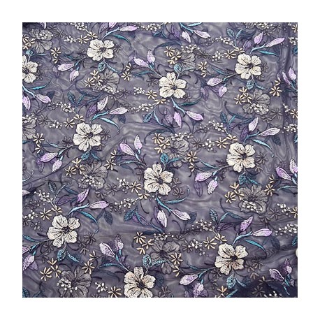 Dentelle brodé sur tulle non extensible bleu marine avec des fleurs très haut de gamme largeur 140 cm prix pour 1 mètre