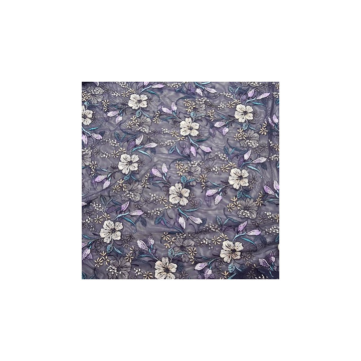 Dentelle brodé  sur tulle non extensible bleu marine avec des fleurs très haut de gamme largeur 140 cm  prix pour 1 mètre