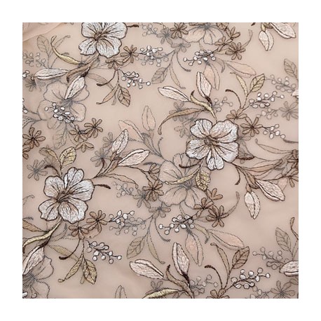 Dentelle brodé sur tulle non extensible couleur beige avec des fleurs très haut de gamme largeur 140 cm prix pour 1 mètre