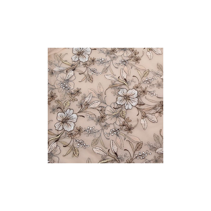 Dentelle brodé  sur tulle non extensible couleur beige avec des fleurs très haut de gamme largeur 140 cm  prix pour 1 mètre