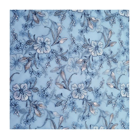 Dentelle brodé sur tulle extensible sur la largeur bleu ciel a fleurs très haut de gamme largeur 140 cm prix pour 1 mètre