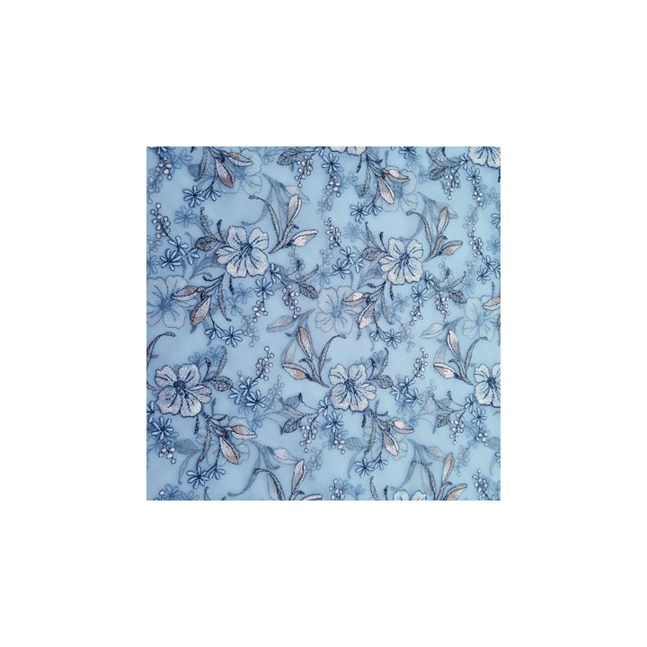 Dentelle brodé sur tulle extensible sur la largeur bleu ciel a fleurs très haut de gamme largeur 140 cm  prix pour 1 mètre