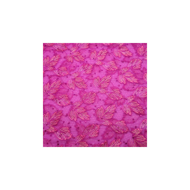 Dentelle brodé sur tulle extensible sur la longueur fuchsia à fleurs très haut de gamme largeur 140 cm  prix pour 1 mètre