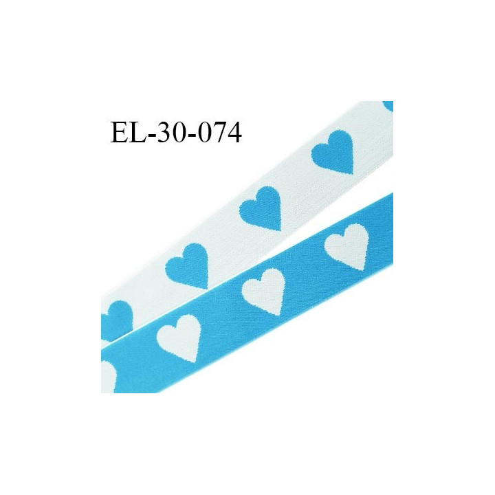 Elastique 30 mm spécial lingerie sport et caleçon oeko tex motifs coeurs couleur bleu et blanc prix au mètre