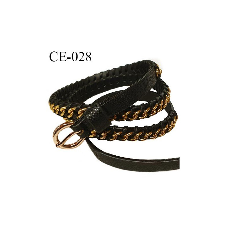 Ceinture 105 cm façon cuir tressé couleur noir avec chaîne couleur or et boucle couleur or longueur 105 cm prix à l'unité