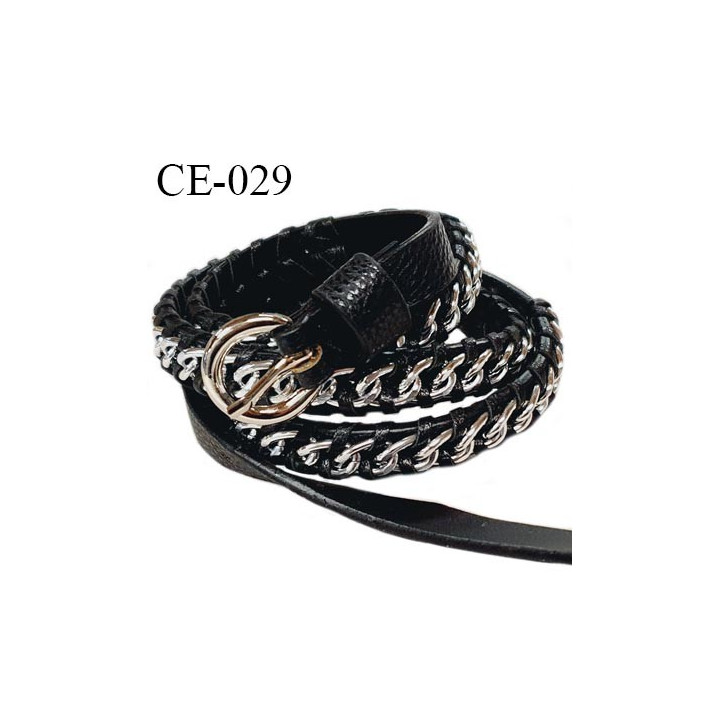 Ceinture 105 cm façon cuir tressé couleur noir avec chaîne couleur argent et boucle couleur argent prix à l'unité