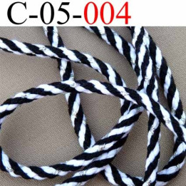 cordon en coton couleur noir blanc et argent superbe diamètre 5 mm vendu au mètre