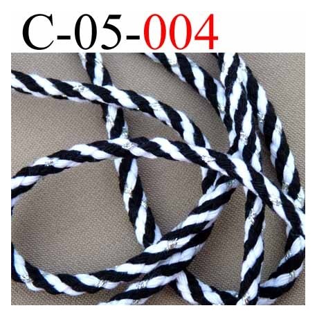 cordon en coton couleur noir blanc et argent superbe diamètre 5 mm vendu au mètre