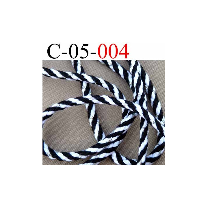 cordon en coton couleur noir blanc et argent superbe diamètre 5 mm vendu au mètre