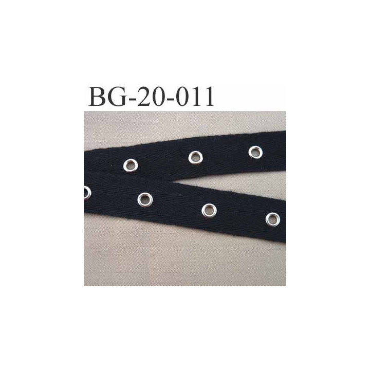 biais sergé oeillets 100% coton  ruban couleur noir largeur 20 mm diamètre oeillets 7 mm extérieur 
