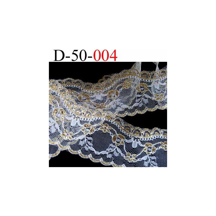 dentelle très belle synthétique largeur 50 mm couleur blanc et or brillant vendu au mètre