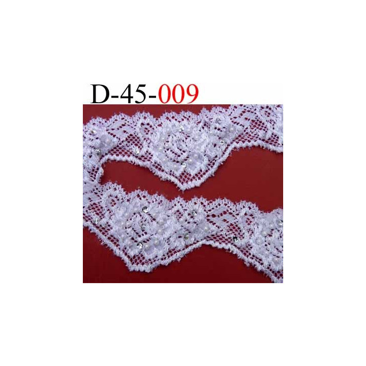 dentelle synthétique blanche extensible lycra avec perles largeur 45 mm vendu au mètre