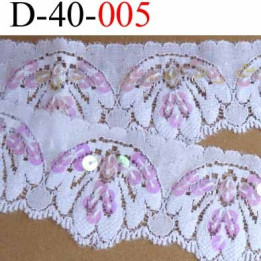 dentelle synthétique lycra extensible blanche avec paillettes roses largeur 40 mm  vendu au mètre