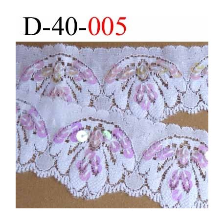 dentelle synthétique lycra extensible blanche avec paillettes roses largeur 40 mm vendu au mètre