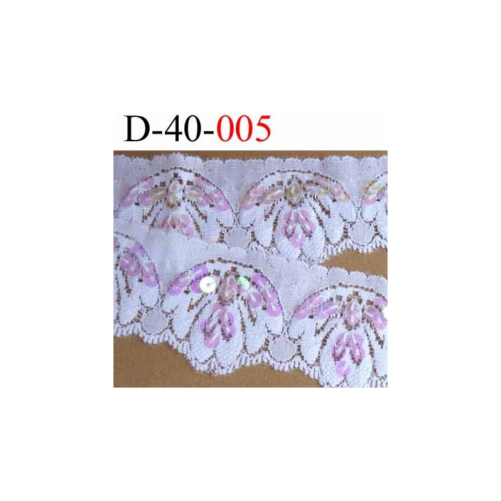 dentelle synthétique lycra extensible blanche avec paillettes roses largeur 40 mm  vendu au mètre